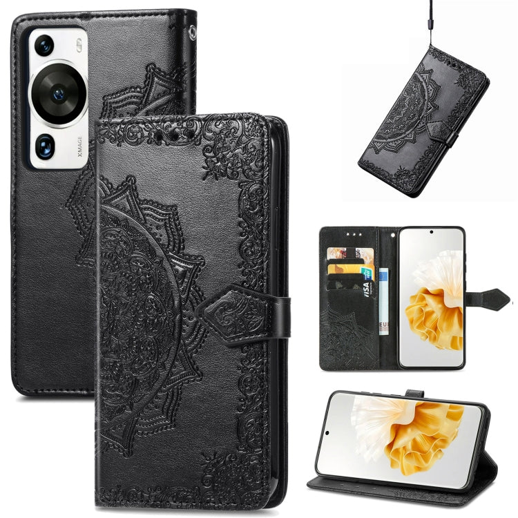 Black mandala-embossed leather phone case with folio cover and card slots