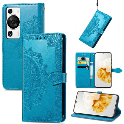 Blue mandala embossed leather folio phone case with magnetic snap and card holder flap