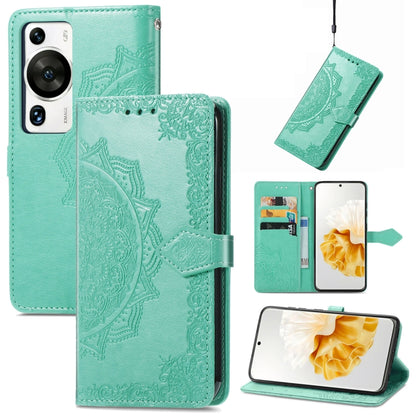 Teal green mandala embossed leather folio phone case with magnetic snap and card holder flap