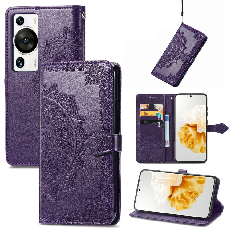Purple mandala embossed leather folio phone case with magnetic snap and card holder flap