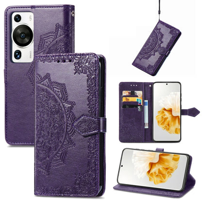Purple mandala embossed leather folio phone case with magnetic snap and card holder flap