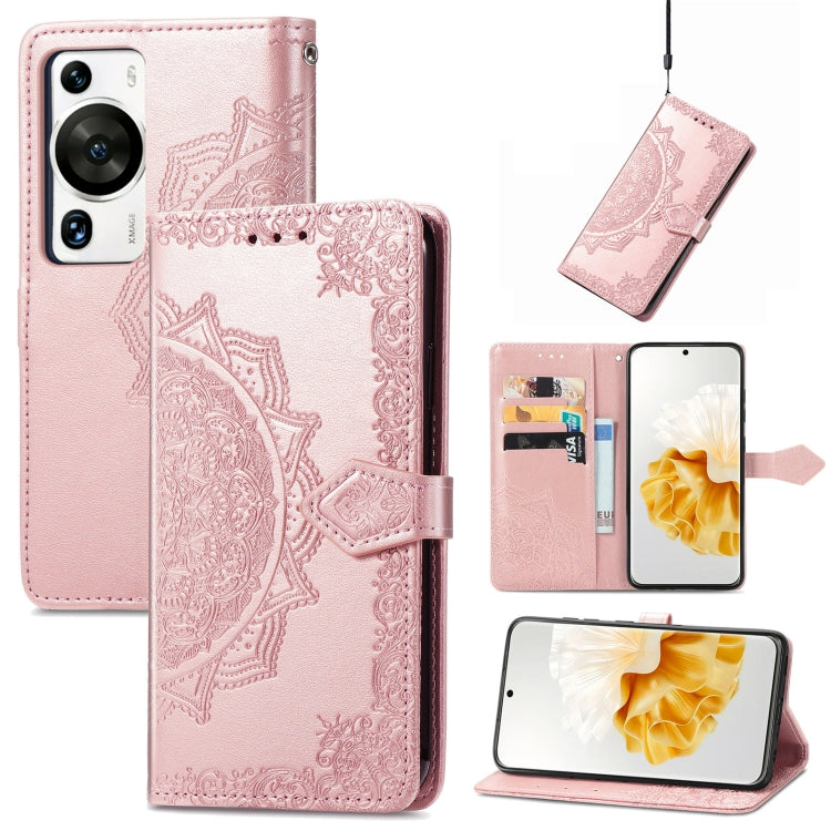 Pink mandala embossed leather folio phone case with magnetic snap and card holder flap