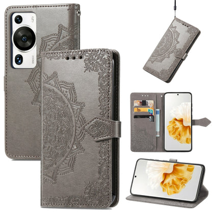 Gray mandala embossed leather folio phone case with magnetic snap and card holder flap