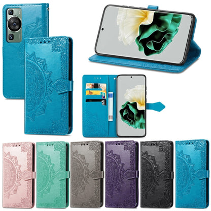Assorted color mandala embossed leather folio phone cases with magnetic snap and card holder flap