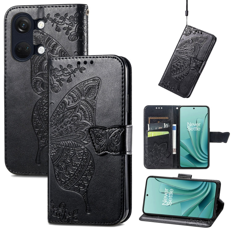 Black embossed leather phone case with butterfly and floral pattern, flip cover and strap.