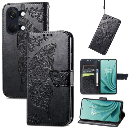 Black embossed leather phone case with butterfly and floral pattern, flip cover and strap.
