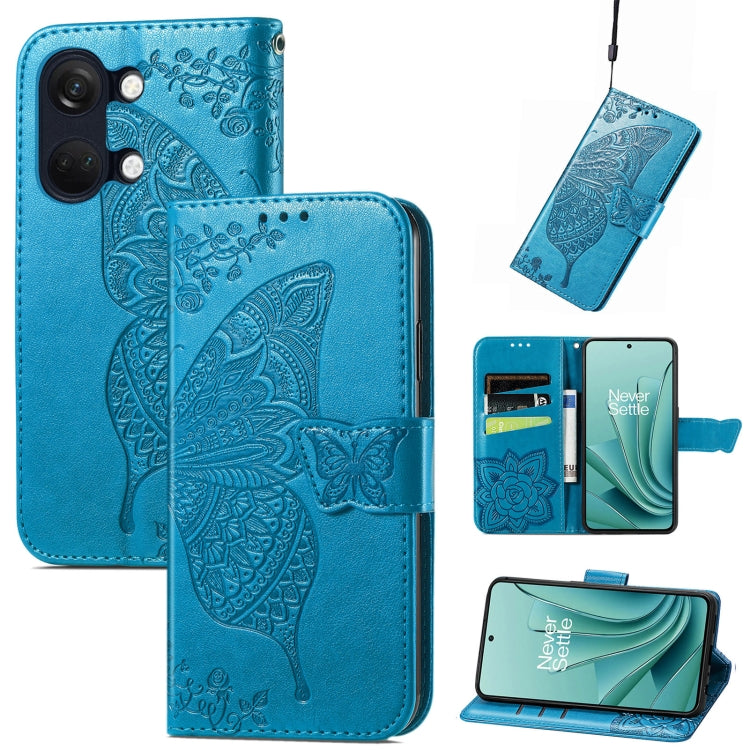 Blue embossed leather phone case with butterfly and floral pattern, flip cover and strap.