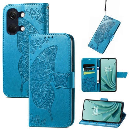 Blue embossed leather phone case with butterfly and floral pattern, flip cover and strap.
