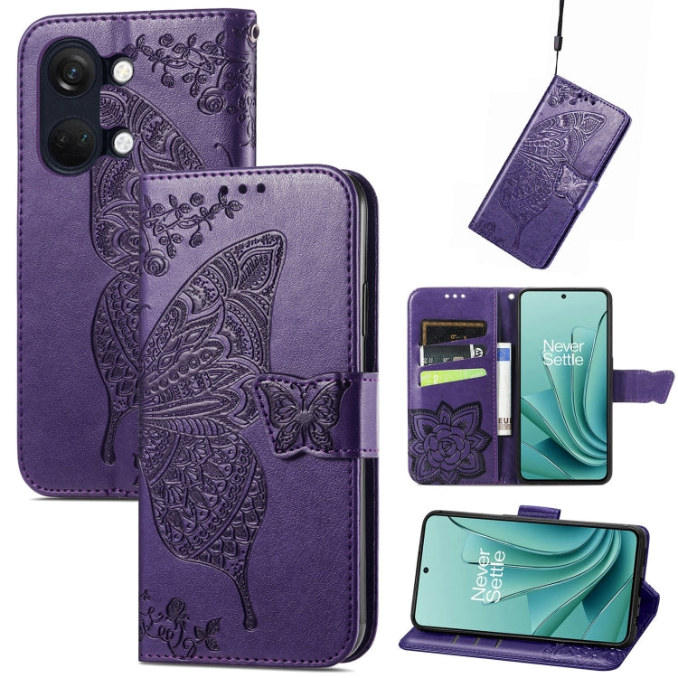 Dark purple embossed leather phone case with butterfly and floral pattern, flip cover and strap.
