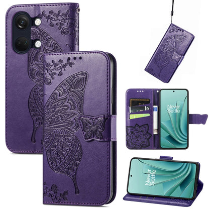 Dark purple embossed leather phone case with butterfly and floral pattern, flip cover and strap.