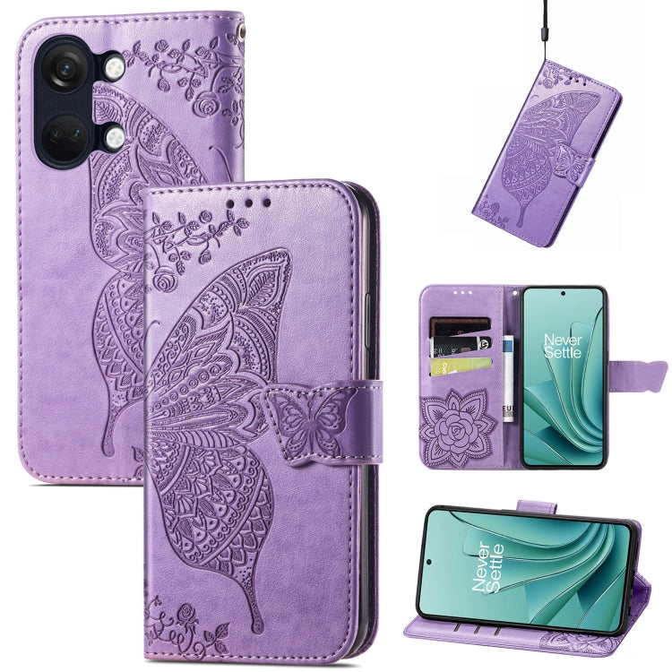 Light purple embossed leather phone case with butterfly and floral pattern, flip cover and strap.