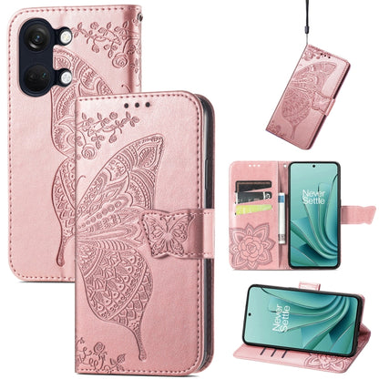 Rose gold embossed leather phone case with butterfly and floral pattern, flip cover and strap.
