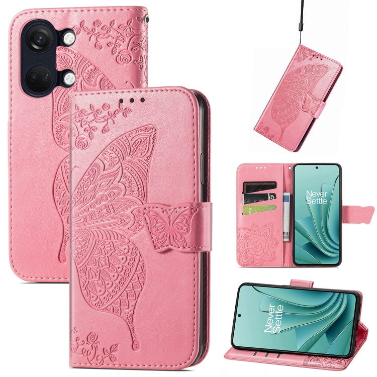 Pink embossed leather phone case with butterfly and floral pattern, flip cover and strap.