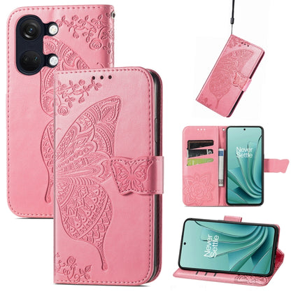 Pink embossed leather phone case with butterfly and floral pattern, flip cover and strap.