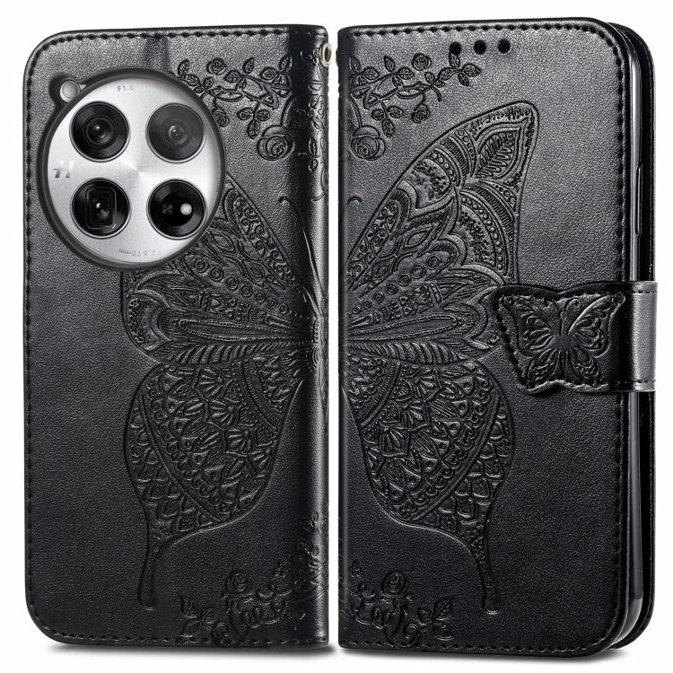 Embossed leather phone wallet case with butterfly-and-flower, black, magnetic strap