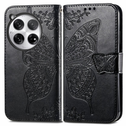 Embossed leather phone wallet case with butterfly-and-flower, black, magnetic strap