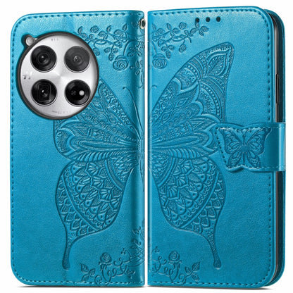Embossed leather phone wallet case with butterfly-and-flower, blue, magnetic strap