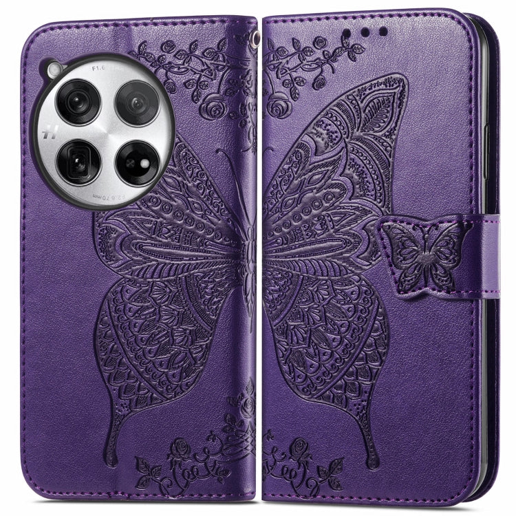 Embossed leather phone wallet case with butterfly-and-flower, dark purple, magnetic strap
