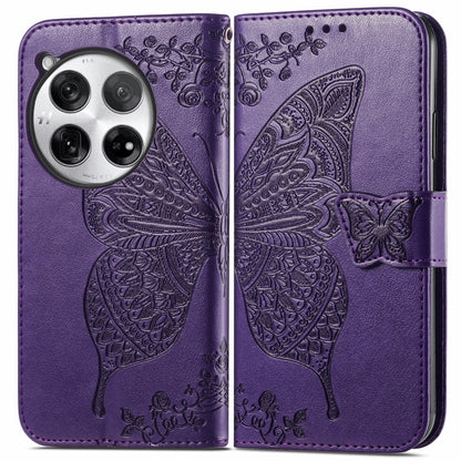 Embossed leather phone wallet case with butterfly-and-flower, dark purple, magnetic strap