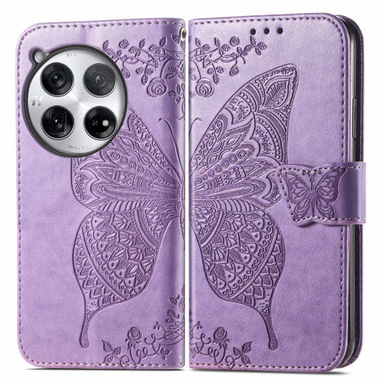 Embossed leather phone wallet case with butterfly-and-flower, light purple, magnetic strap