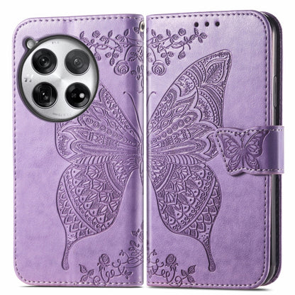 Embossed leather phone wallet case with butterfly-and-flower, light purple, magnetic strap