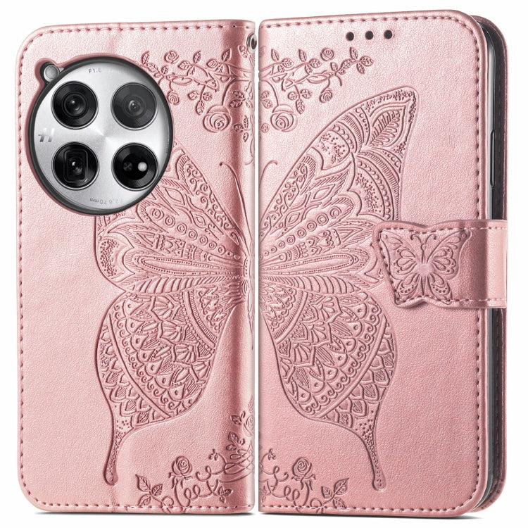 Embossed leather phone wallet case with butterfly-and-flower, rose pink, magnetic strap