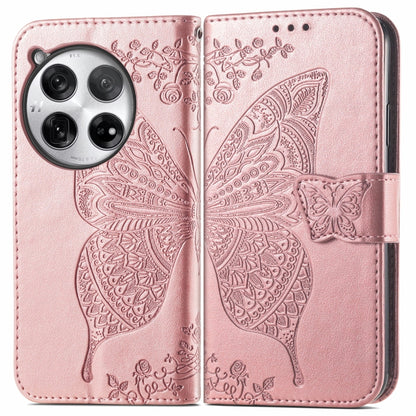 Embossed leather phone wallet case with butterfly-and-flower, rose pink, magnetic strap