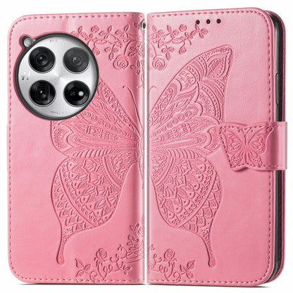 Embossed leather phone wallet case with butterfly-and-flower, pink, magnetic strap
