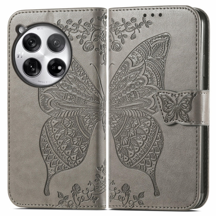 Embossed leather phone wallet case with butterfly-and-flower, gray, magnetic strap