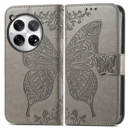 Embossed leather phone wallet case with butterfly-and-flower, gray, magnetic strap