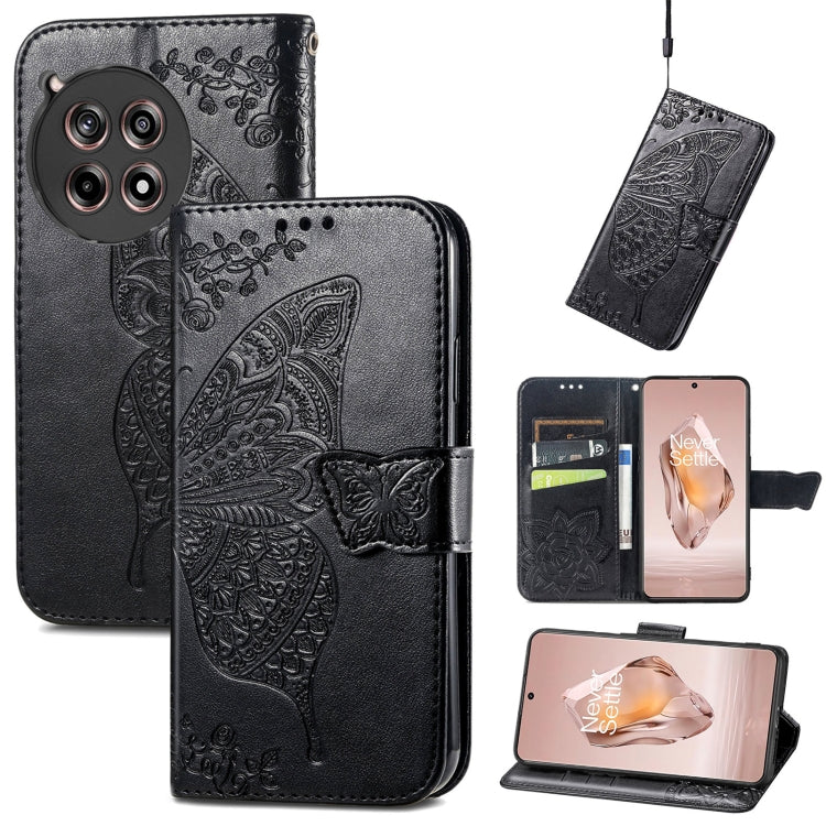 Black embossed leather wallet phone case with butterfly and flower pattern, card slots visible