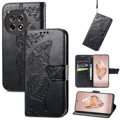 Black embossed leather wallet phone case with butterfly and flower pattern, card slots visible