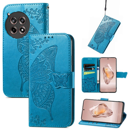 Blue embossed leather wallet phone case with butterfly flower pattern and magnetic flap
