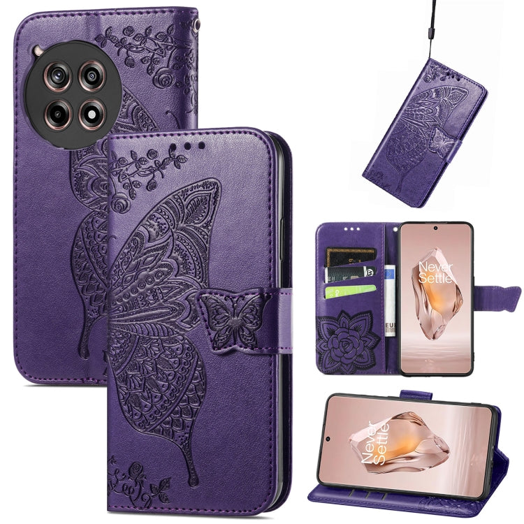 Dark purple embossed leather wallet phone case with butterfly flower pattern and magnetic flap