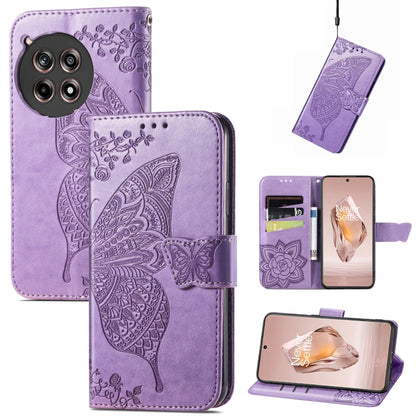 Light purple embossed leather wallet phone case with butterfly flower pattern and magnetic flap