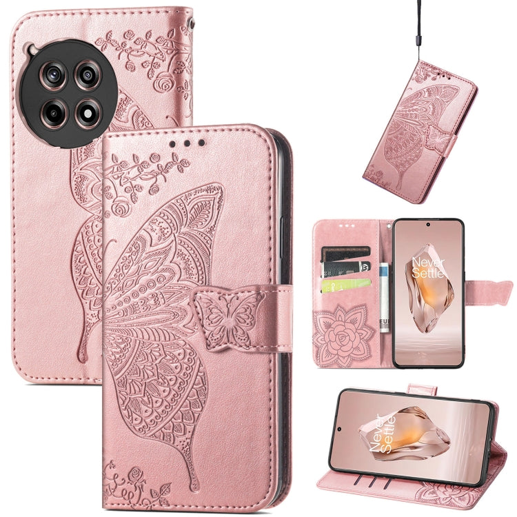 Rose pink embossed leather wallet phone case with butterfly flower pattern and magnetic flap