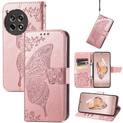 Rose pink embossed leather wallet phone case with butterfly flower pattern and magnetic flap