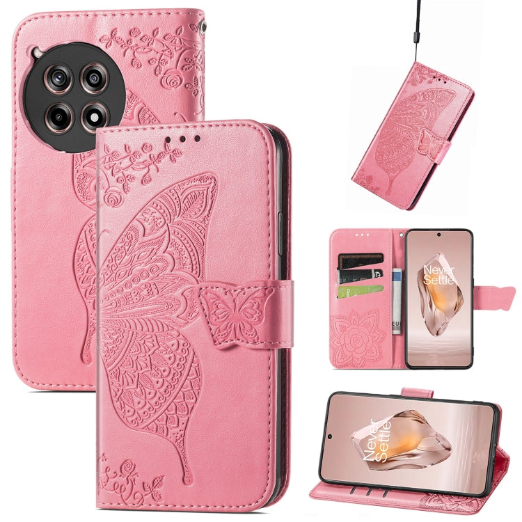 Pink embossed leather wallet phone case with butterfly flower pattern and magnetic flap