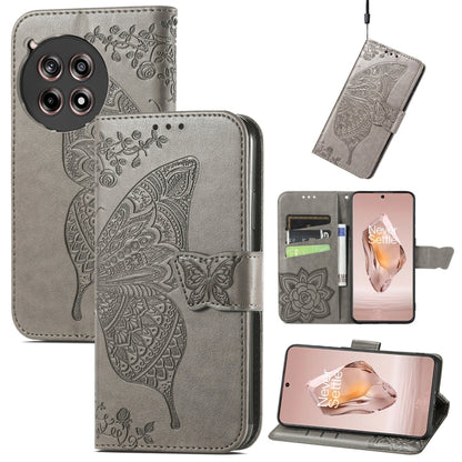 Gray embossed leather wallet phone case with butterfly flower pattern and magnetic flap