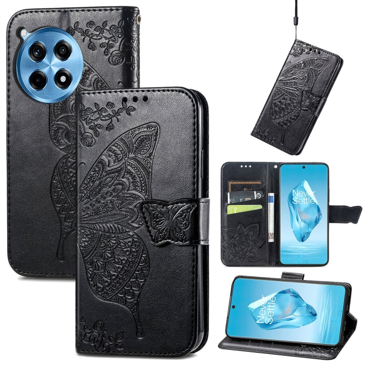 Black embossed leather wallet phone case with butterfly flower pattern and magnetic flap