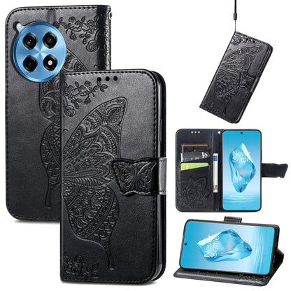 Black embossed leather wallet phone case with butterfly flower pattern and magnetic flap