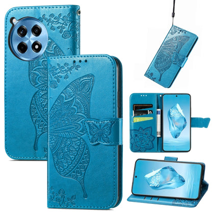 Blue embossed leather wallet phone case with butterfly flower pattern and magnetic flap