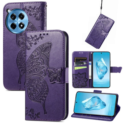 Purple embossed leather wallet phone case with butterfly flower pattern and magnetic flap