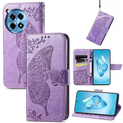 Light purple embossed leather wallet phone case with butterfly flower pattern and magnetic flap
