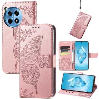 Embossed leather phone wallet case with butterfly-and-flower, pink, magnetic strap