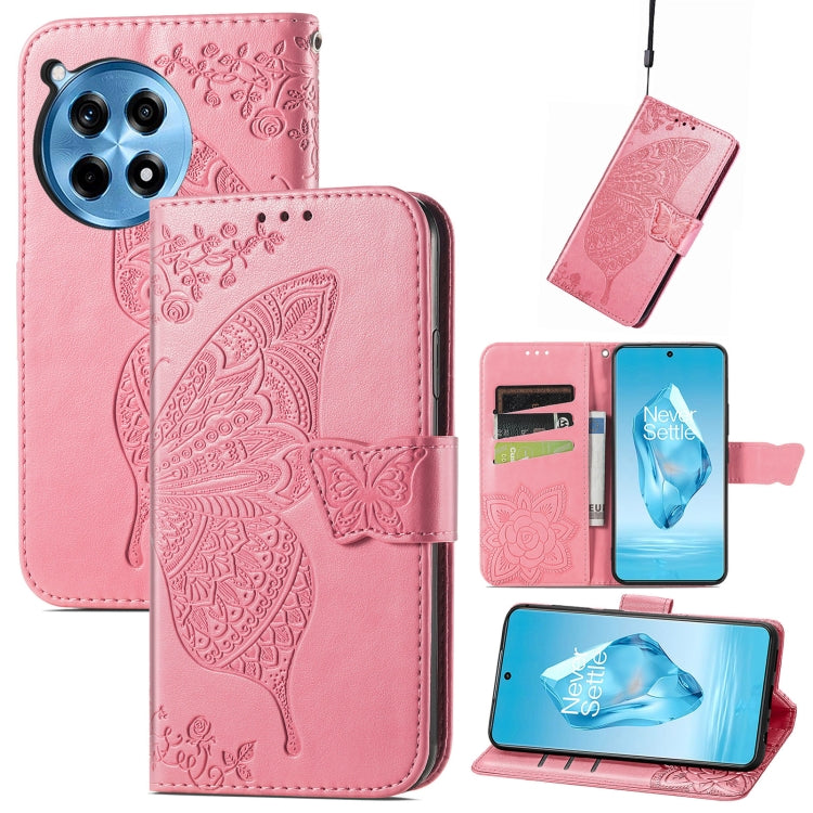 Embossed leather phone wallet case with butterfly-and-flower, pink, magnetic strap
