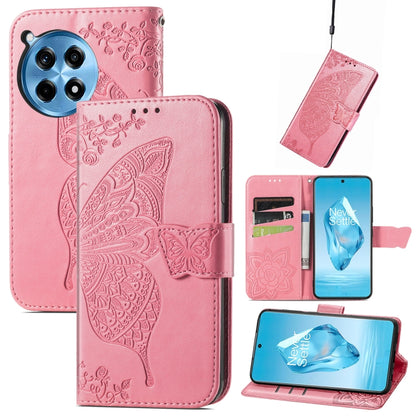 Embossed leather phone wallet case with butterfly-and-flower, pink, magnetic strap