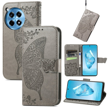 Embossed leather phone wallet case with butterfly-and-flower, gray, magnetic strap