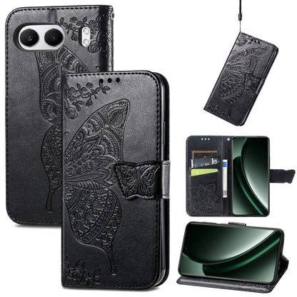 Black embossed leather phone case with butterfly and flower pattern, wallet flip style