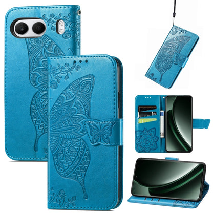 Blue embossed leather phone case with butterfly and flower pattern, wallet flip style